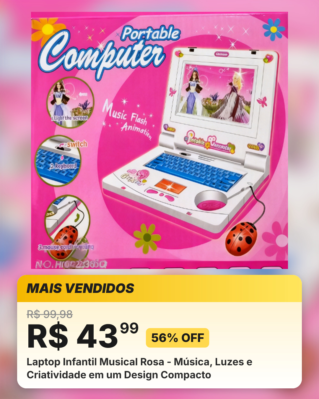 Laptop Infantil Musical Rosa - Música, Luzes e Criatividade em um Design Compacto