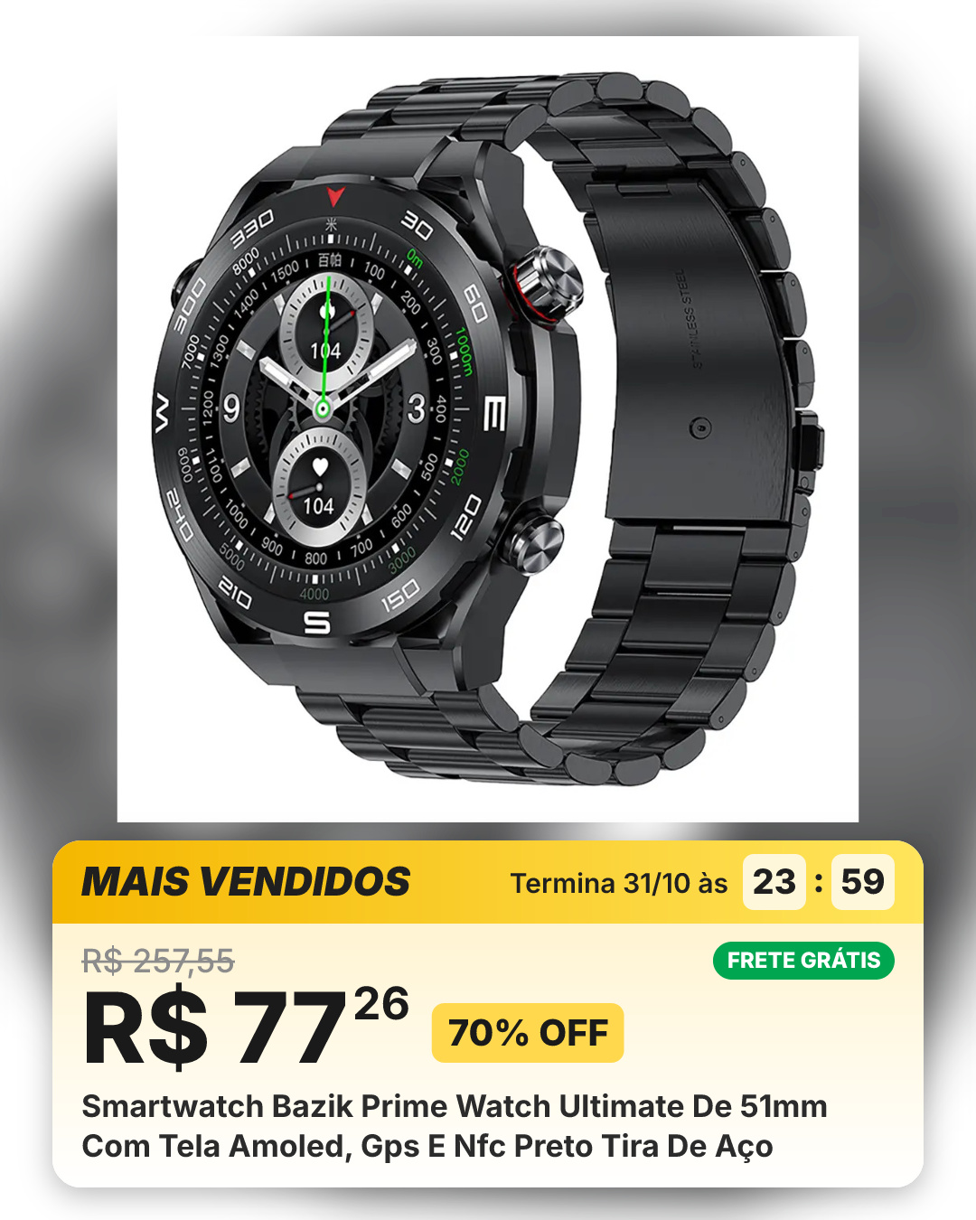 Smartwatch Bazik Prime Watch Ultimate De 51mm Com Tela Amoled, Gps E Nfc Preto Tira De Aço