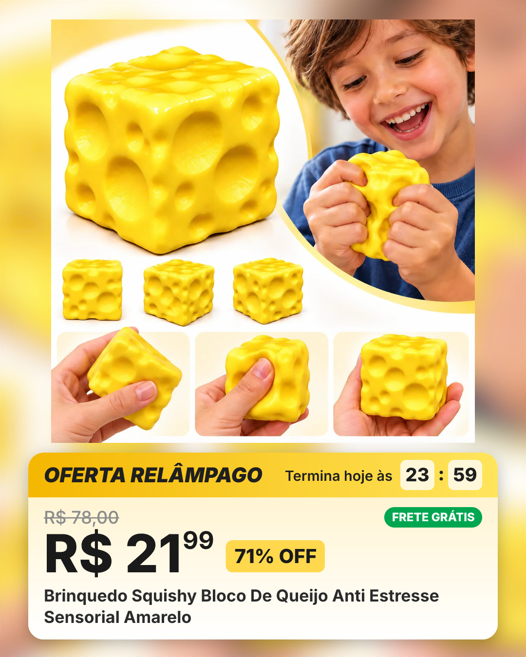 Brinquedo Squishy Bloco De Queijo Anti Estresse Sensorial Amarelo