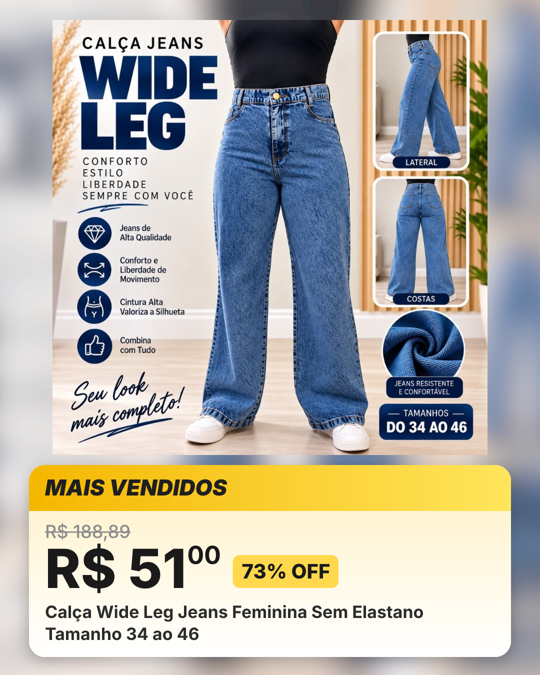 Calça Wide Leg Jeans Feminina Sem Elastano Tamanho 34 ao 46