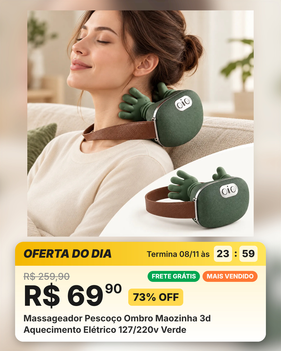 Massageador Pescoço Ombro Maozinha 3d Aquecimento Elétrico 127/220v Verde