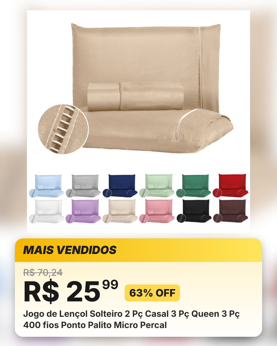 Jogo de Lençol Solteiro 2 Pç Casal 3 Pç Queen 3 Pç 400 fios Ponto Palito Micro Percal