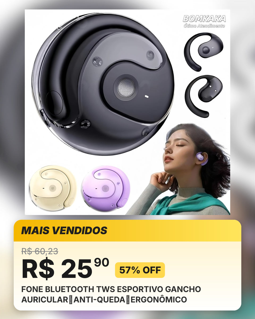 FONE BLUETOOTH TWS ESPORTIVO GANCHO AURICULAR・ANTI-QUEDA・ERGONÔMICO