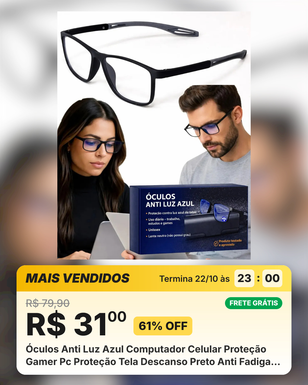 Óculos Anti Luz Azul Computador Celular Proteção Gamer Pc Proteção Tela Descanso Preto Anti Fadiga 145mm
