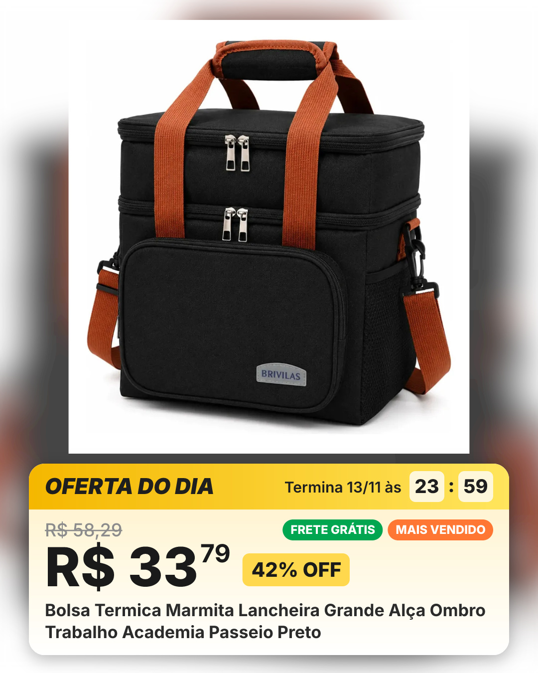 Bolsa Termica Marmita Lancheira Grande Alça Ombro Trabalho Academia Passeio Preto