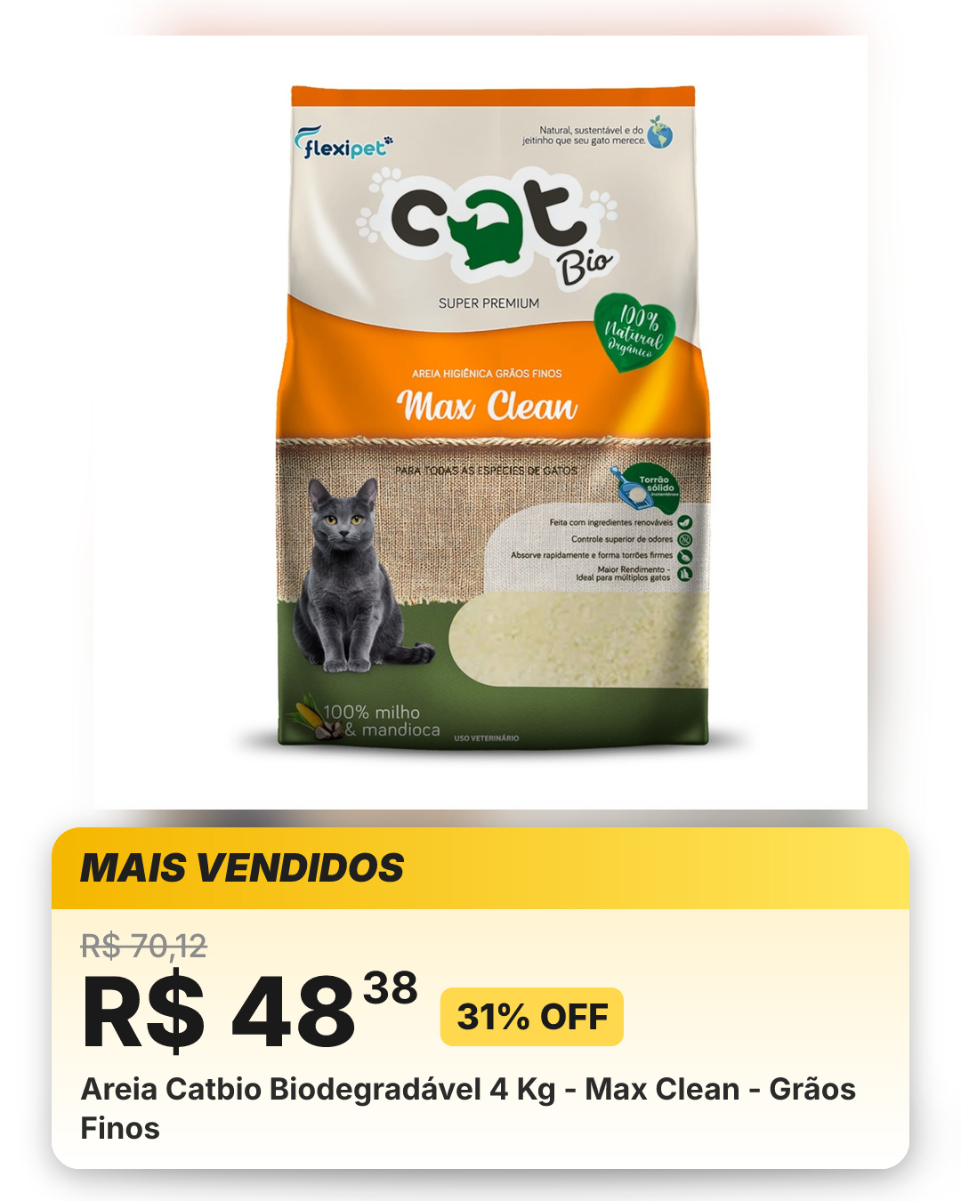 Areia Catbio Biodegradável 4 Kg - Max Clean - Grãos Finos
