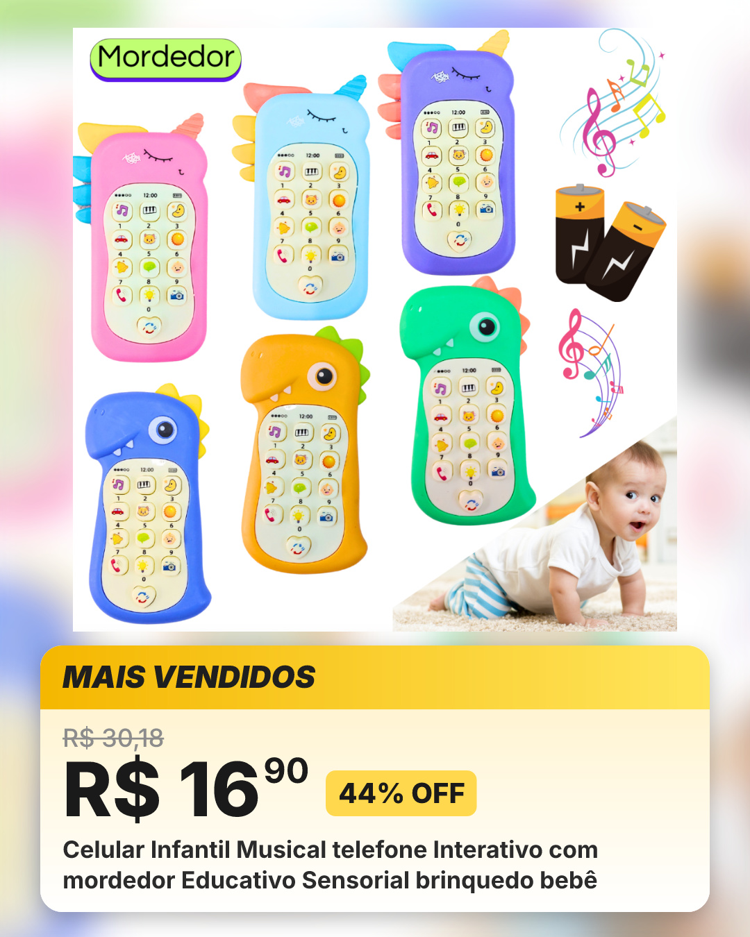 Celular Infantil Musical telefone Interativo com mordedor Educativo Sensorial brinquedo bebê