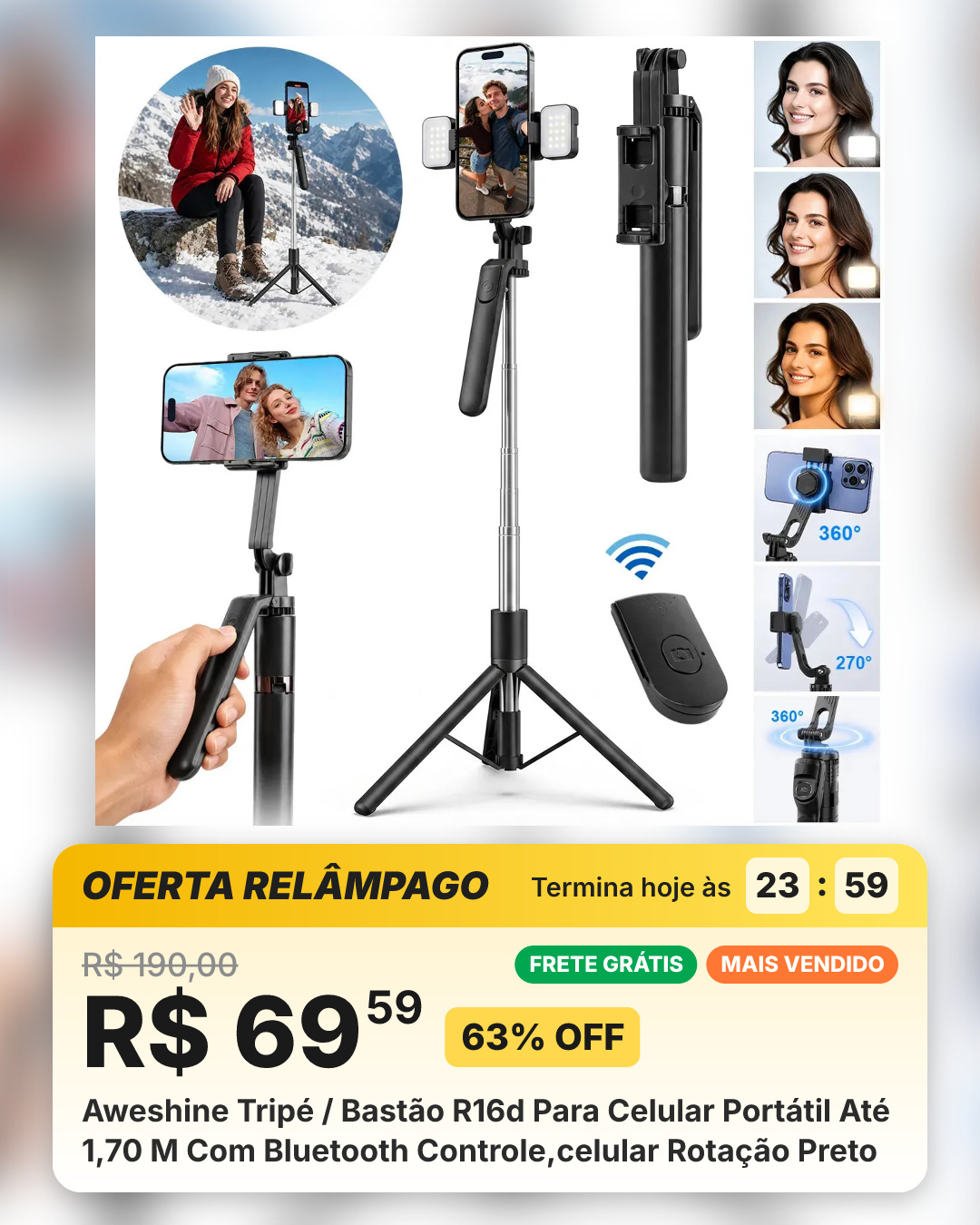 Aweshine Tripé / Bastão R16d Para Celular Portátil Até 1,70 M Com Bluetooth Controle,celular Rotação Preto