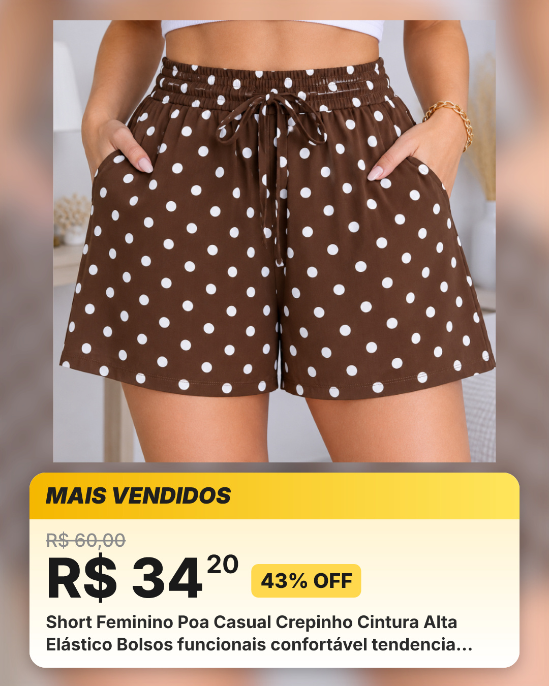 Short Feminino Poa Casual Crepinho Cintura Alta Elástico Bolsos funcionais confortável tendencia varias cores verão