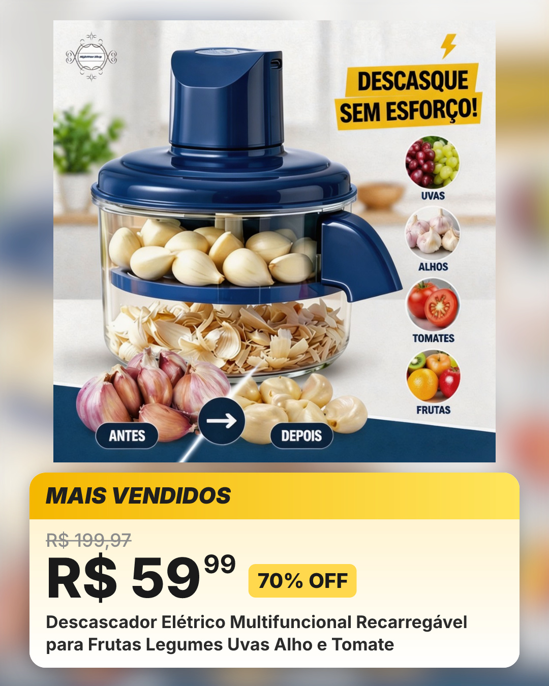 Descascador Elétrico Multifuncional Recarregável para Frutas Legumes Uvas Alho e Tomate