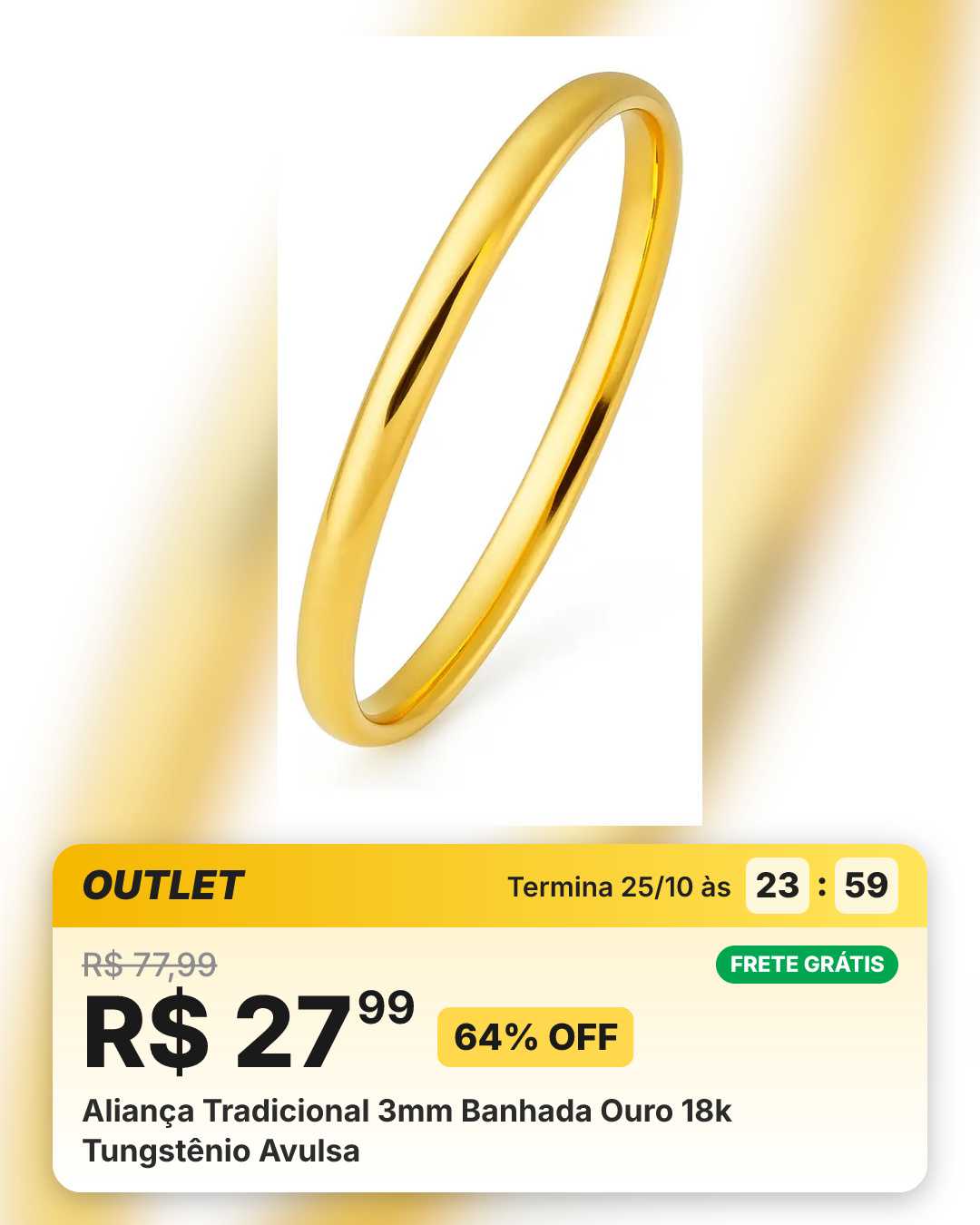 Aliança Tradicional 3mm Banhada Ouro 18k Tungstênio Avulsa