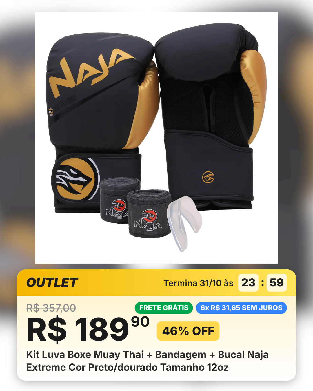 Kit Luva Boxe Muay Thai + Bandagem + Bucal Naja Extreme Cor Preto/dourado Tamanho 12oz