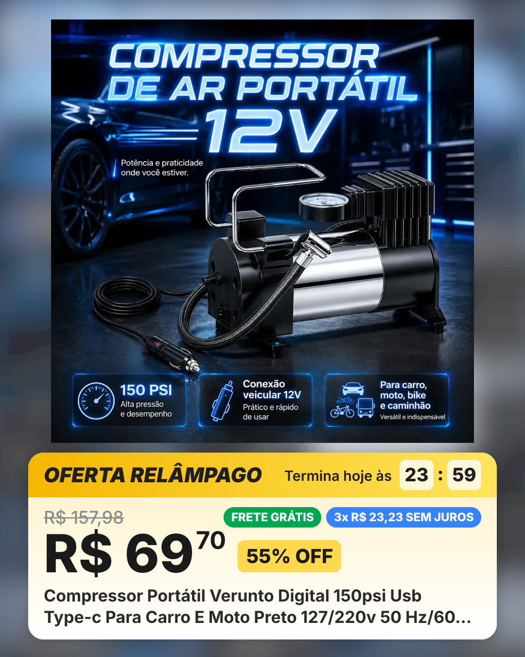 Compressor Portátil Verunto Digital 150psi Usb Type-c Para Carro E Moto Preto 127/220v 50 Hz/60 Hz Monofásica