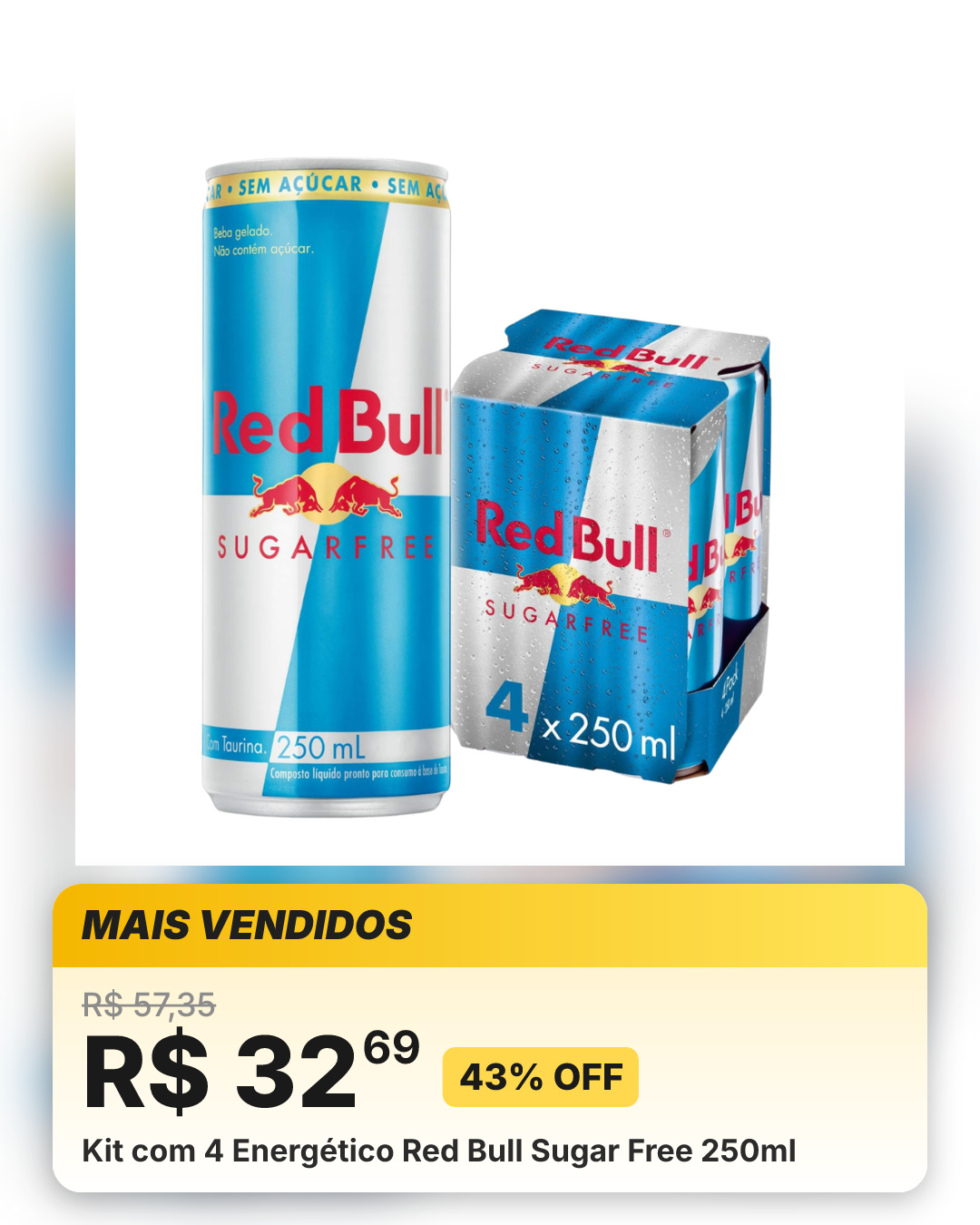 Kit com 4 Energético Red Bull Sugar Free 250ml