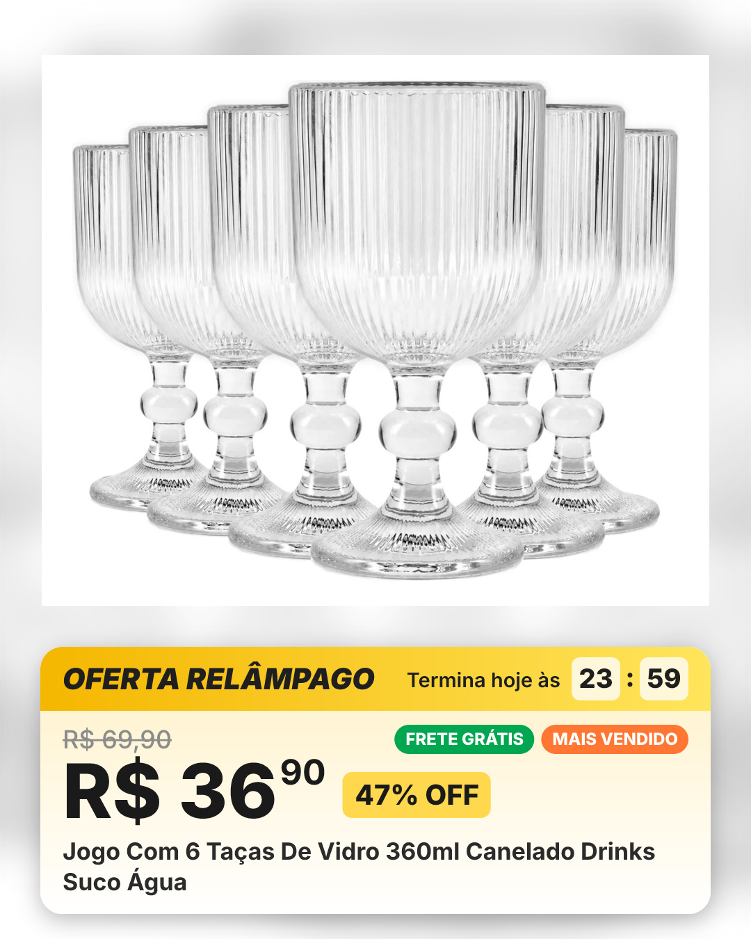 Jogo Com 6 Taças De Vidro 360ml Canelado Drinks Suco Água