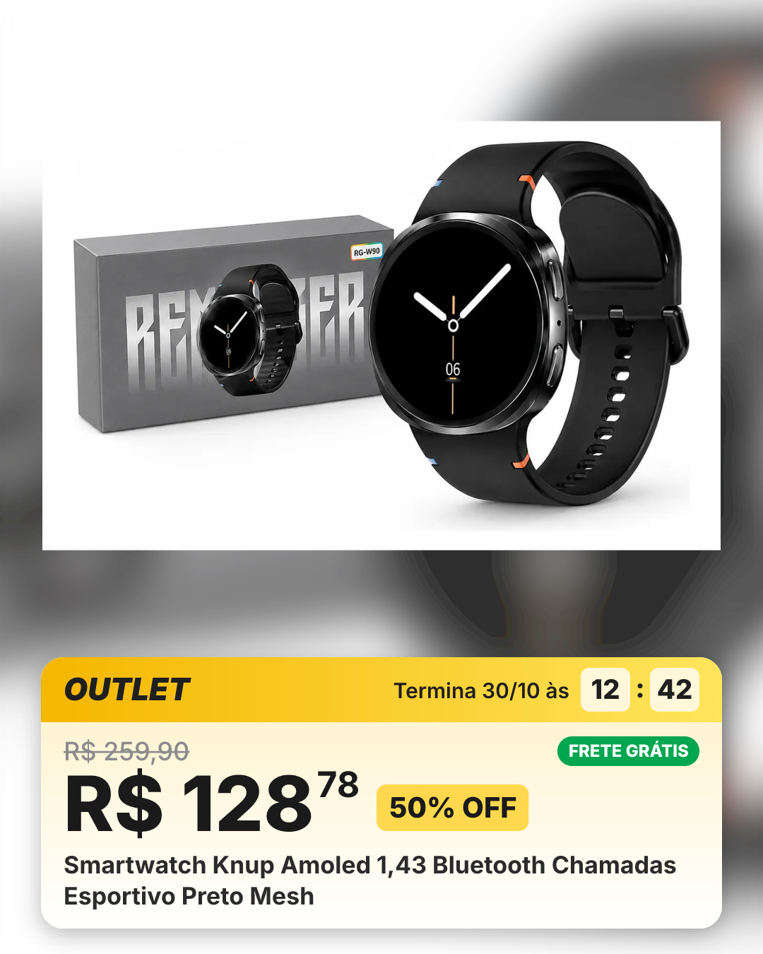 Smartwatch Knup Amoled 1,43 Bluetooth Chamadas Esportivo Preto Mesh