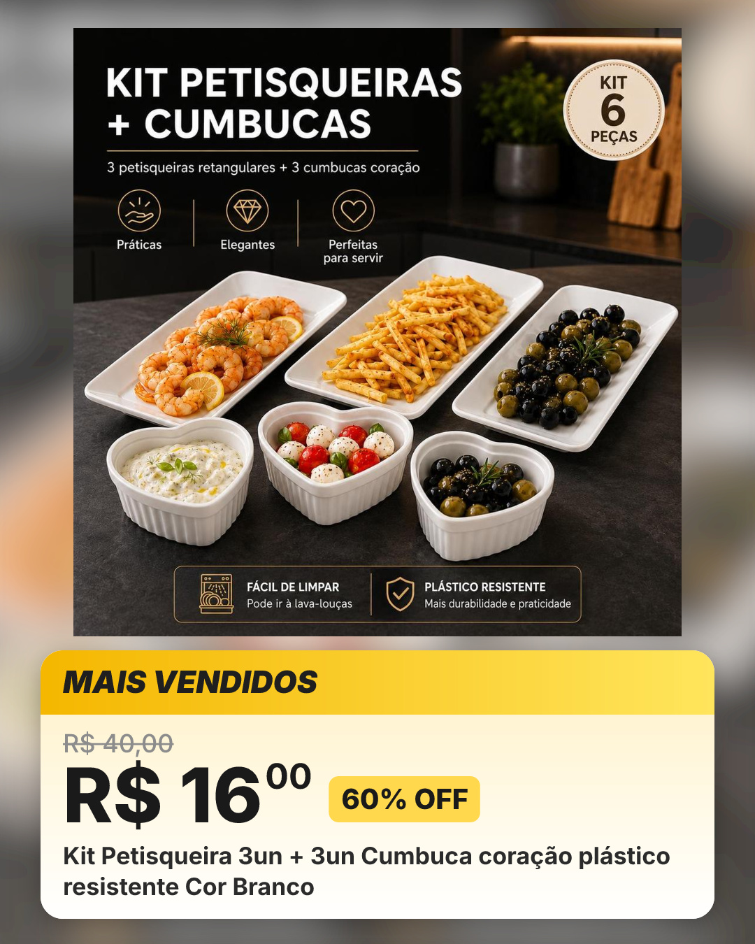 Kit Petisqueira 3un + 3un Cumbuca coração plástico resistente Cor Branco