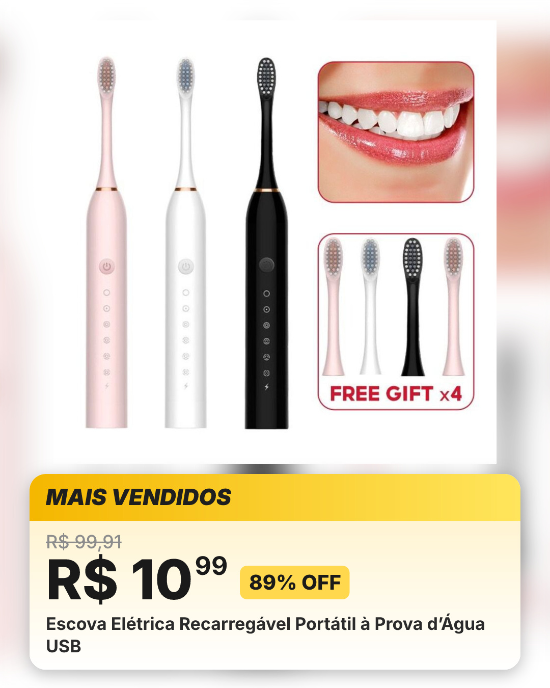 Escova Elétrica Recarregável Portátil à Prova d’Água USB