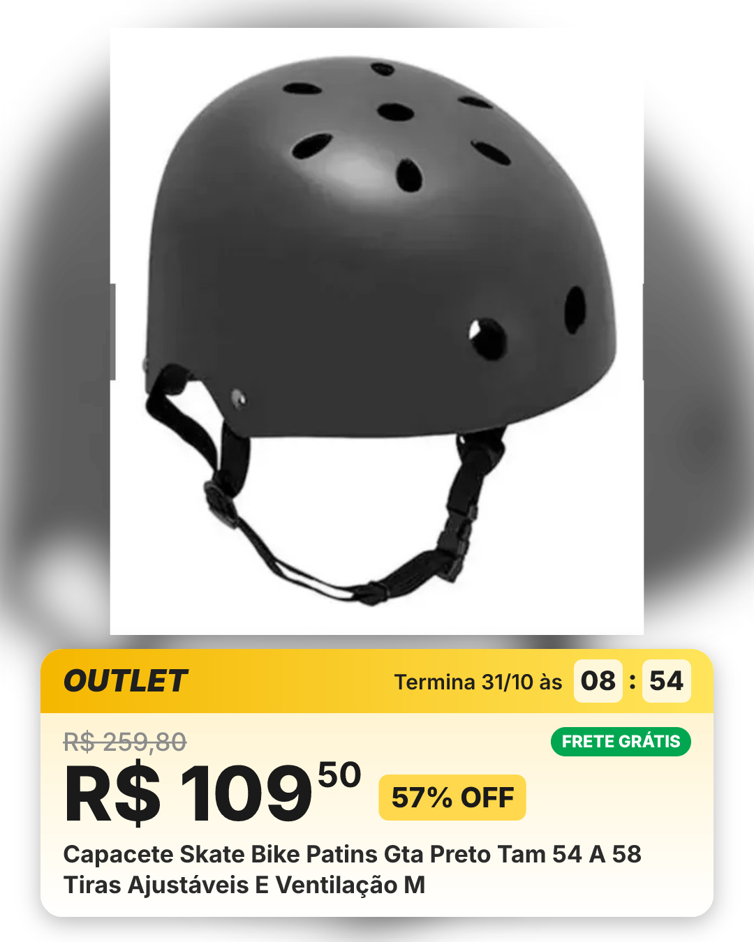 Capacete Skate Bike Patins Gta Preto Tam 54 A 58 Tiras Ajustáveis E Ventilação M