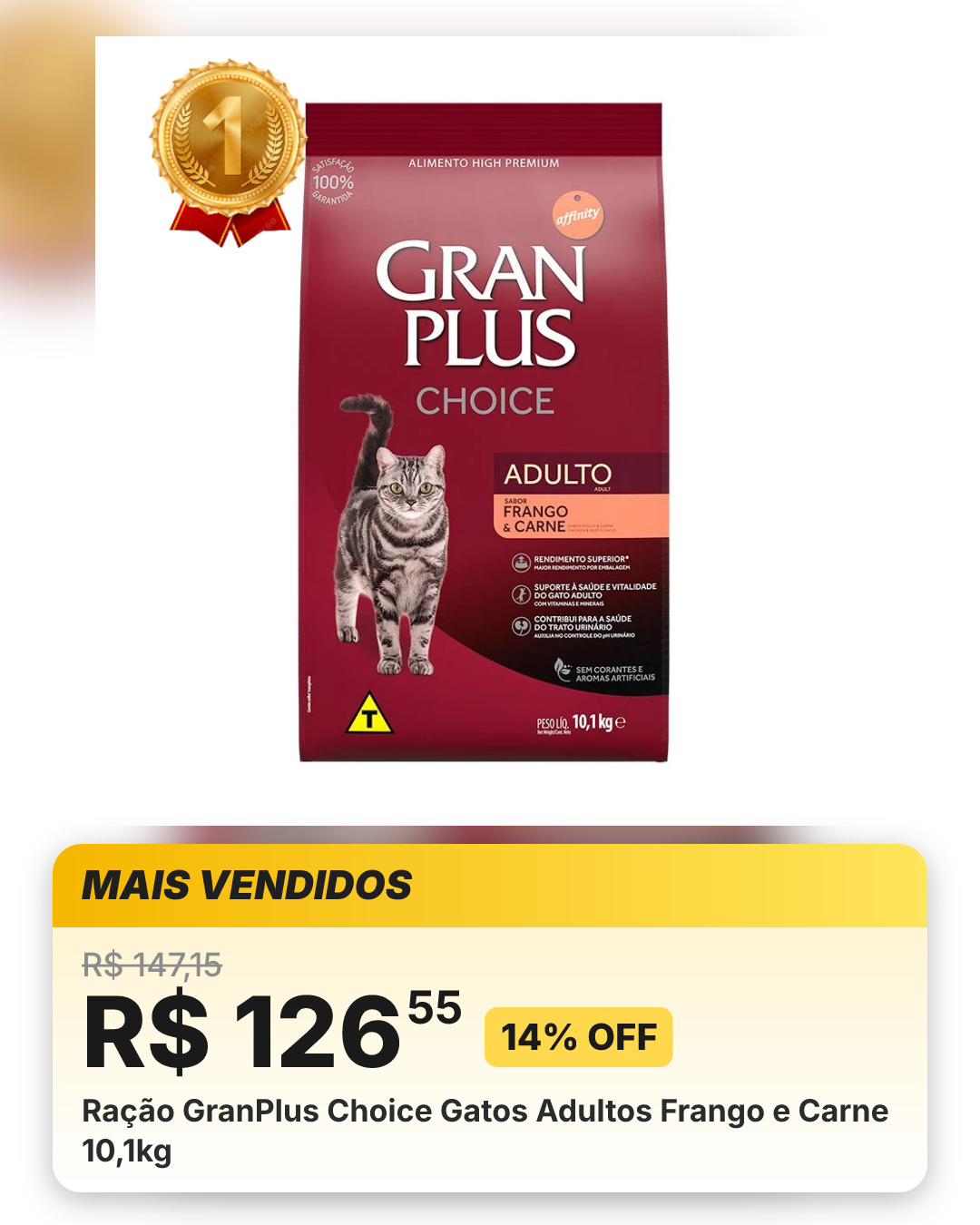 Ração GranPlus Choice Gatos Adultos Frango e Carne 10,1kg