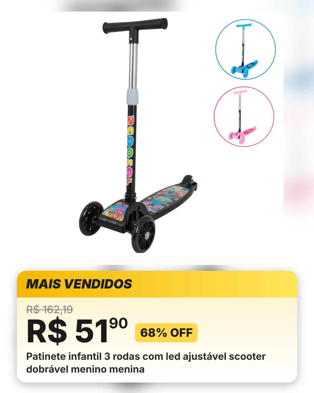 Patinete infantil 3 rodas com led ajustável scooter dobrável menino menina