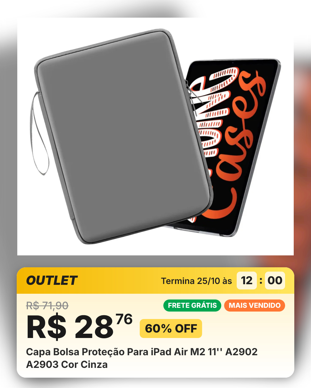 Capa Bolsa Proteção Para iPad Air M2 11'' A2902 A2903 Cor Cinza