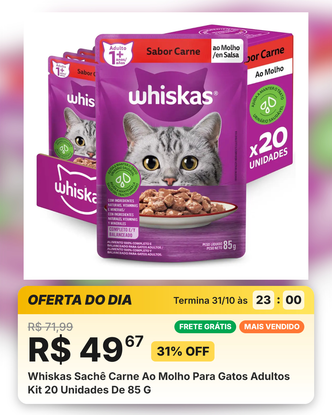 Whiskas Sachê Carne Ao Molho Para Gatos Adultos Kit 20 Unidades De 85 G