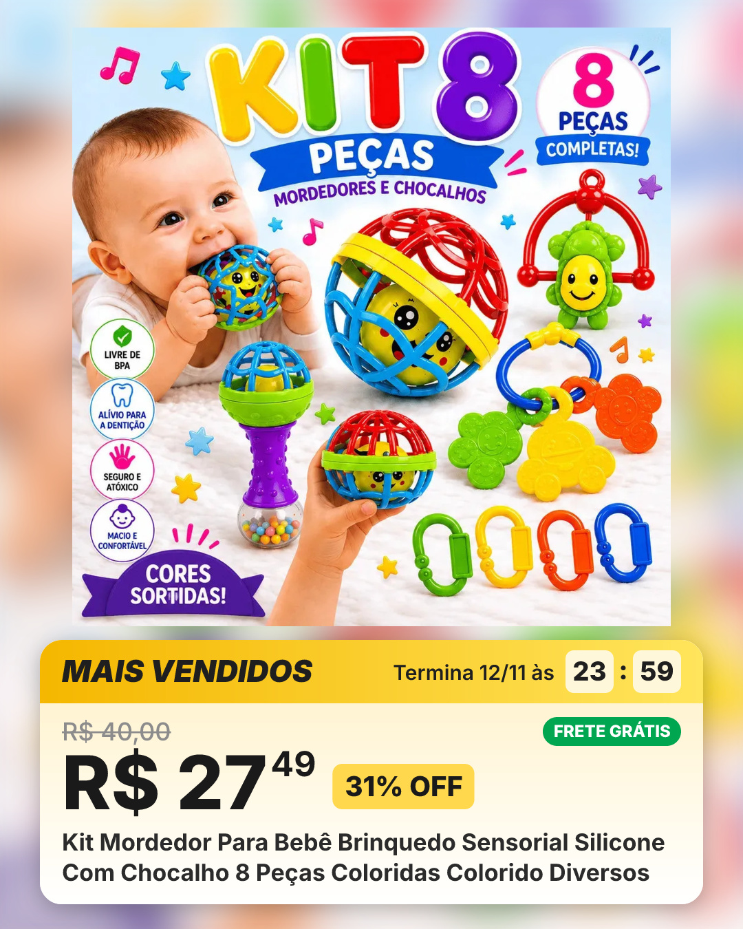 Kit Mordedor Para Bebê Brinquedo Sensorial Silicone Com Chocalho 8 Peças Coloridas Colorido Diversos