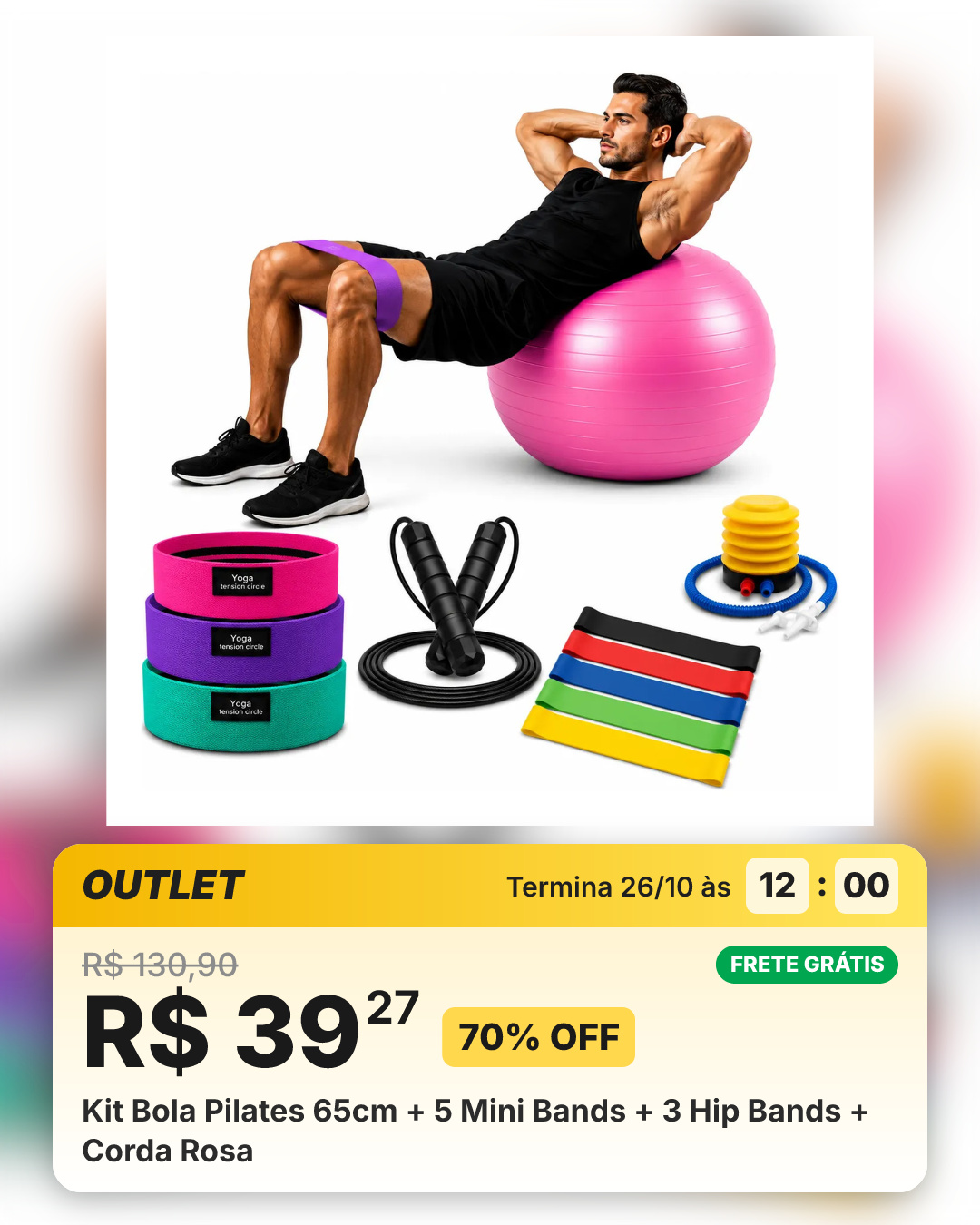 Kit Bola Pilates 65cm + 5 Mini Bands + 3 Hip Bands + Corda Rosa