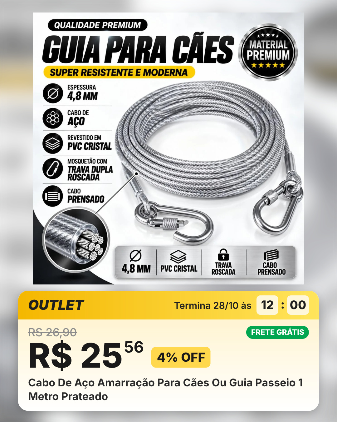 Cabo De Aço Amarração Para Cães Ou Guia Passeio 1 Metro Prateado
