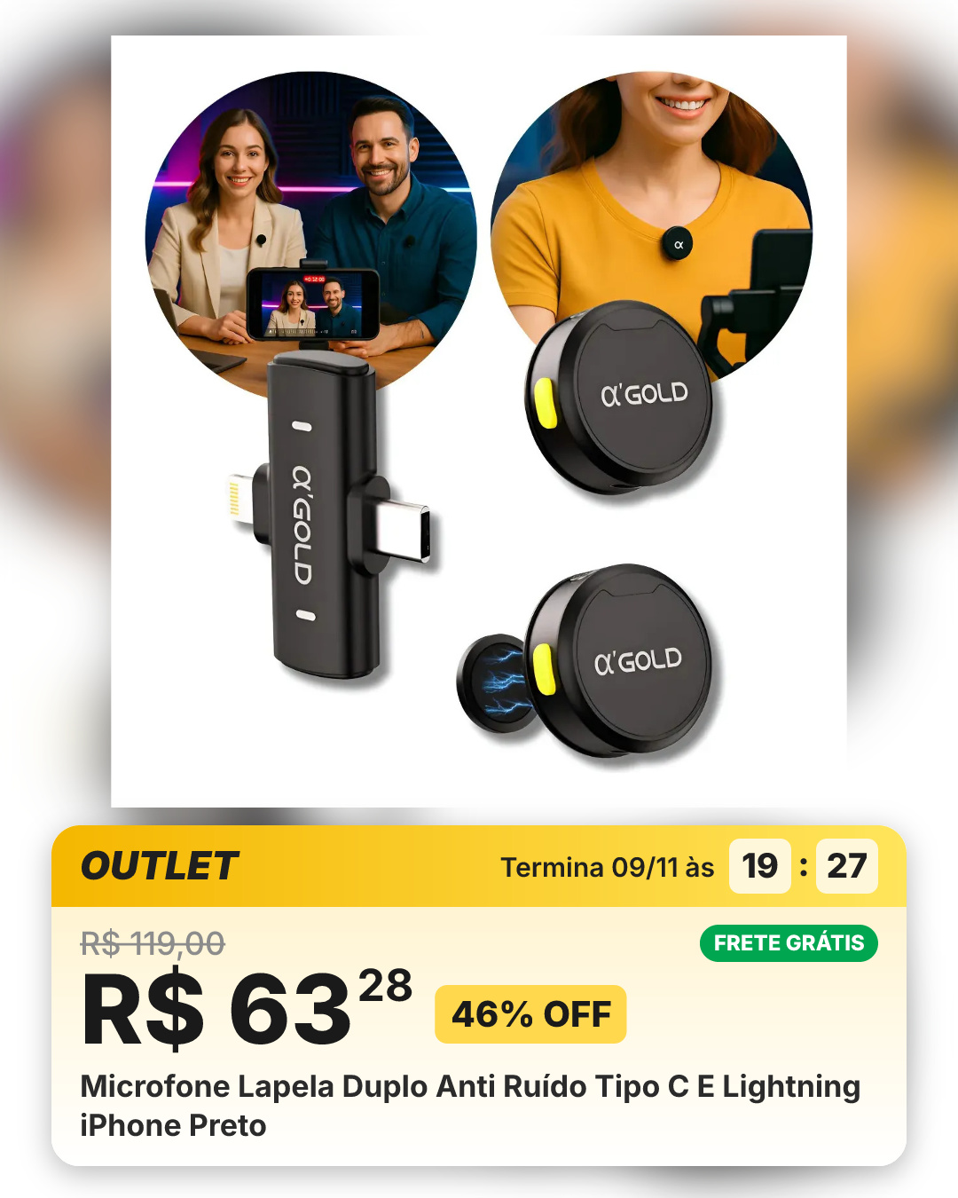 Microfone Lapela Duplo Anti Ruído Tipo C E Lightning iPhone Preto