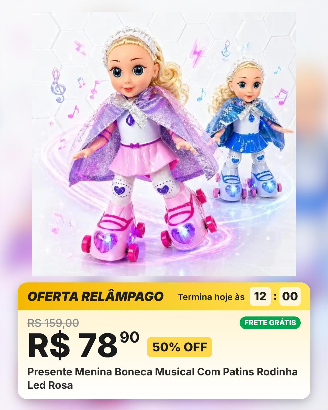 Presente Menina Boneca Musical Com Patins Rodinha Led Rosa