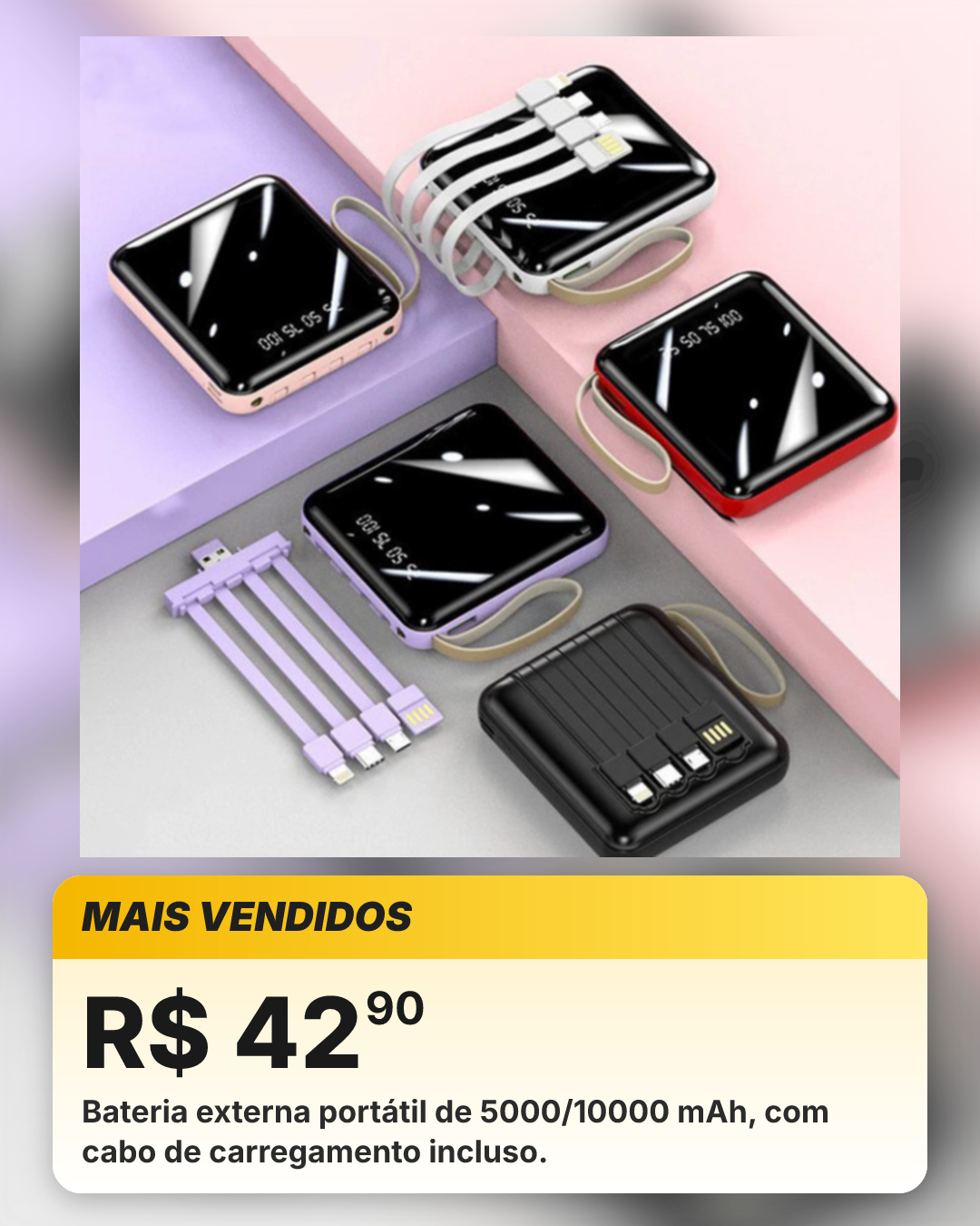 Bateria externa portátil de 5000/10000 mAh, com cabo de carregamento incluso.