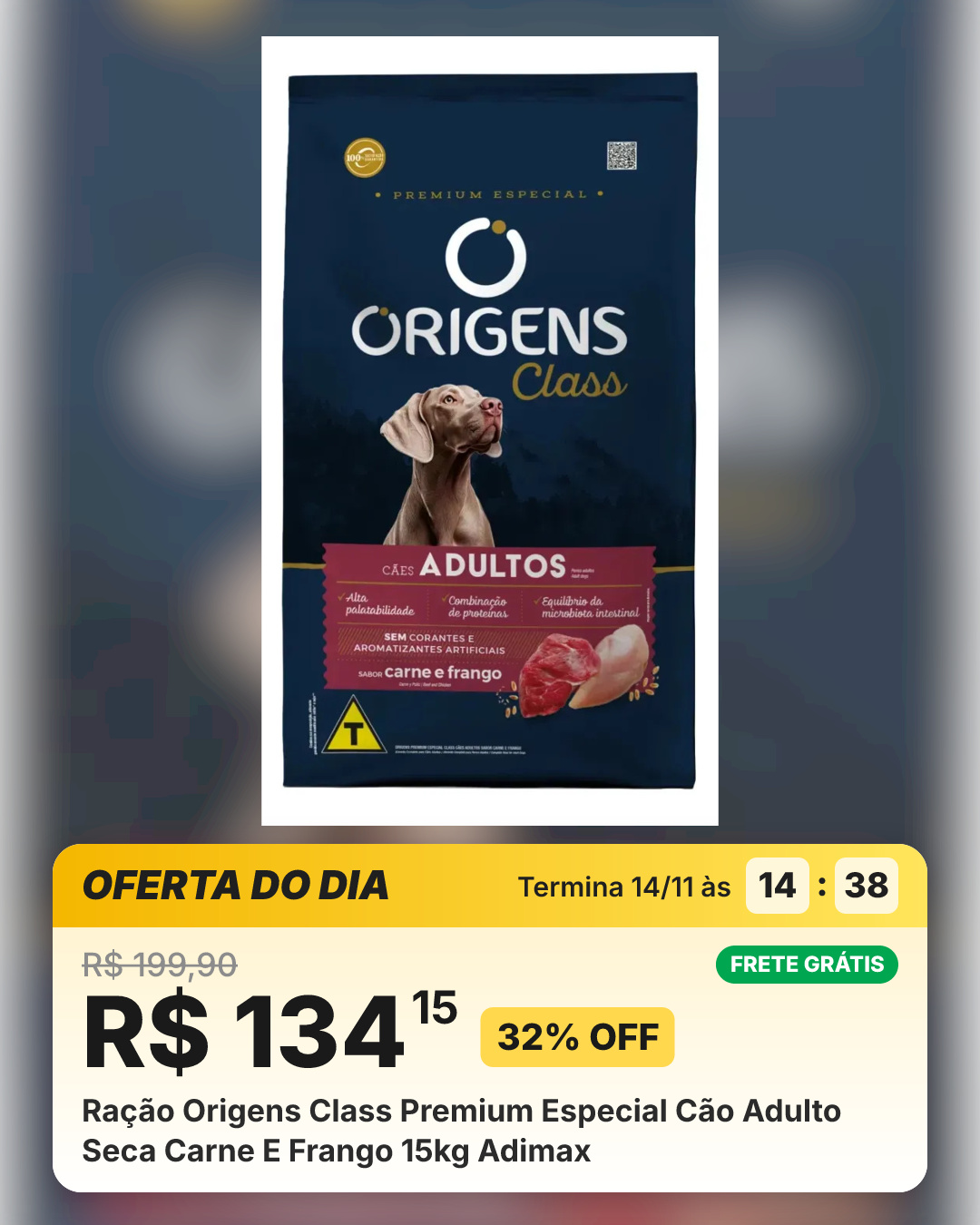 Ração Origens Class Premium Especial Cão Adulto Seca Carne E Frango 15kg Adimax