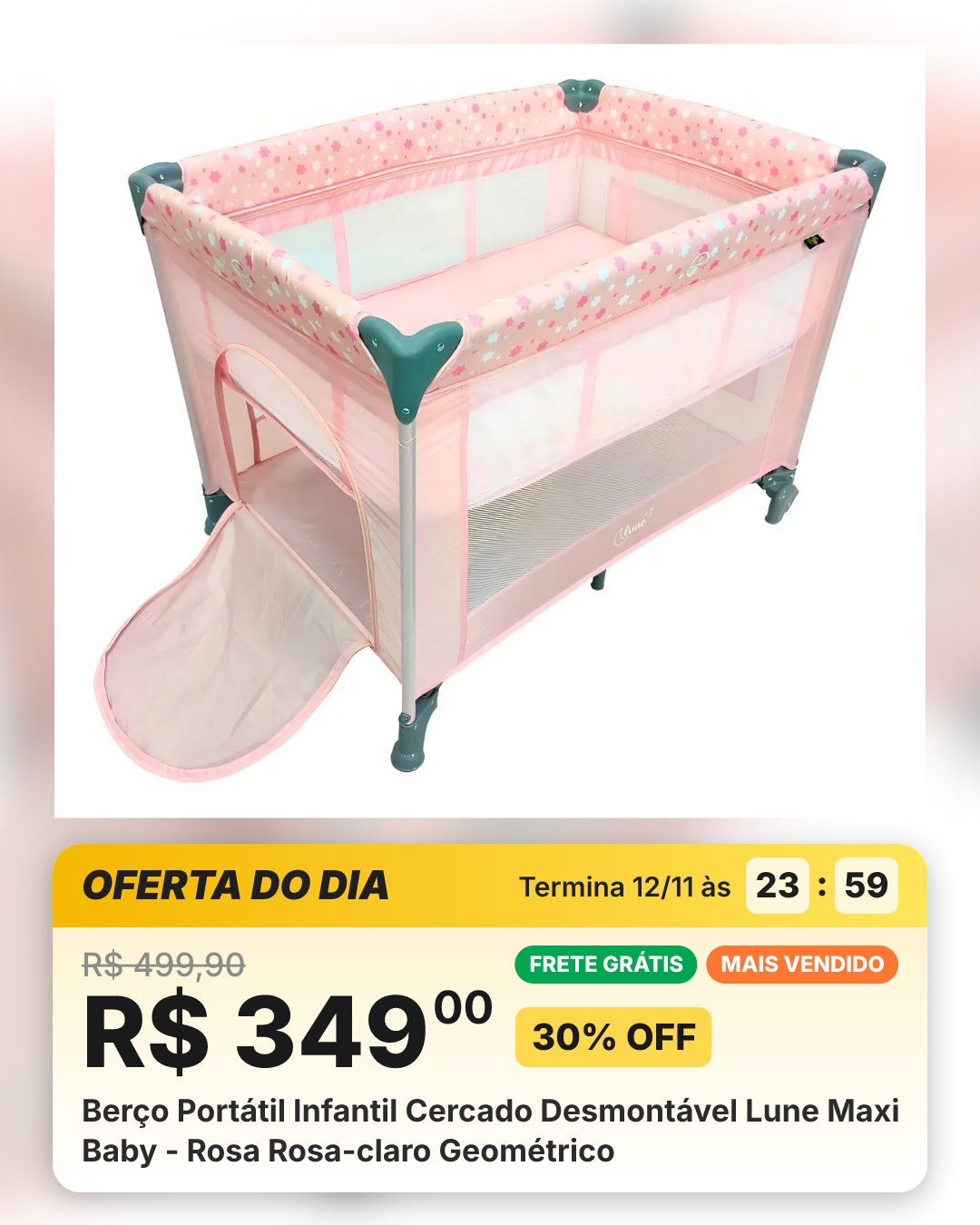 Berço Portátil Infantil Cercado Desmontável Lune Maxi Baby - Rosa Rosa-claro Geométrico