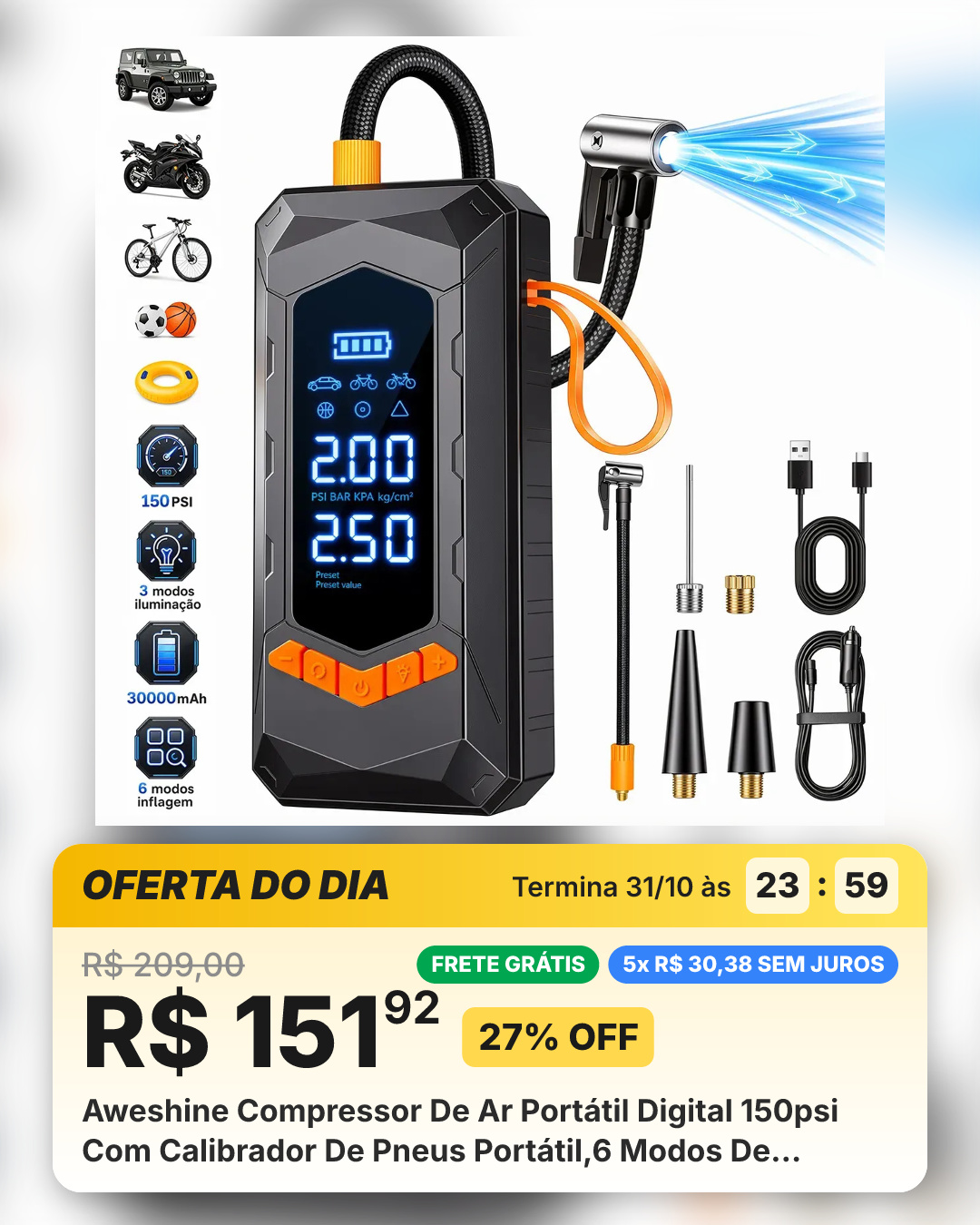 Aweshine Compressor De Ar Portátil Digital 150psi Com Calibrador De Pneus Portátil,6 Modos De Inflação Luz De Emergência 3 Modos Para Carro Moto Bicicleta 60hz
