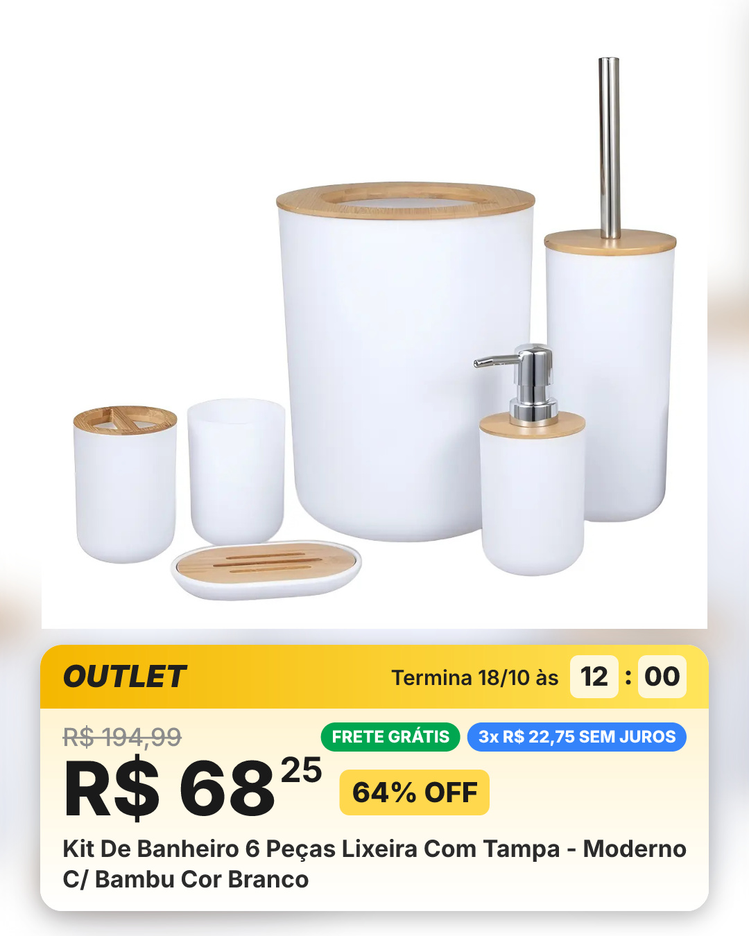 Kit De Banheiro 6 Peças Lixeira Com Tampa - Moderno C/ Bambu Cor Branco
