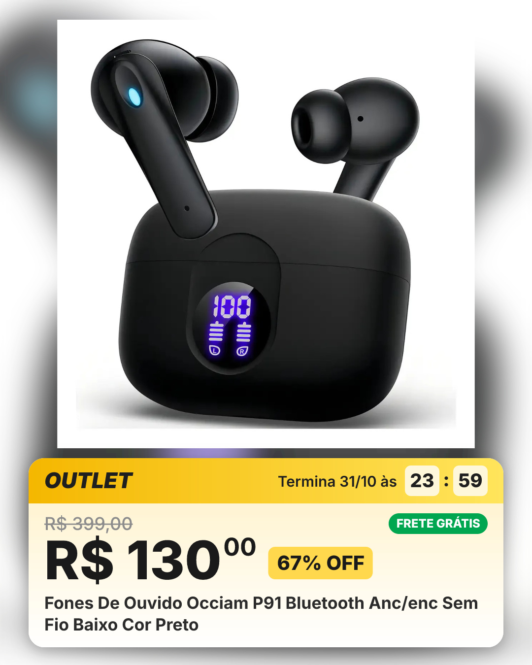 Fones De Ouvido Occiam P91 Bluetooth Anc/enc Sem Fio Baixo Cor Preto