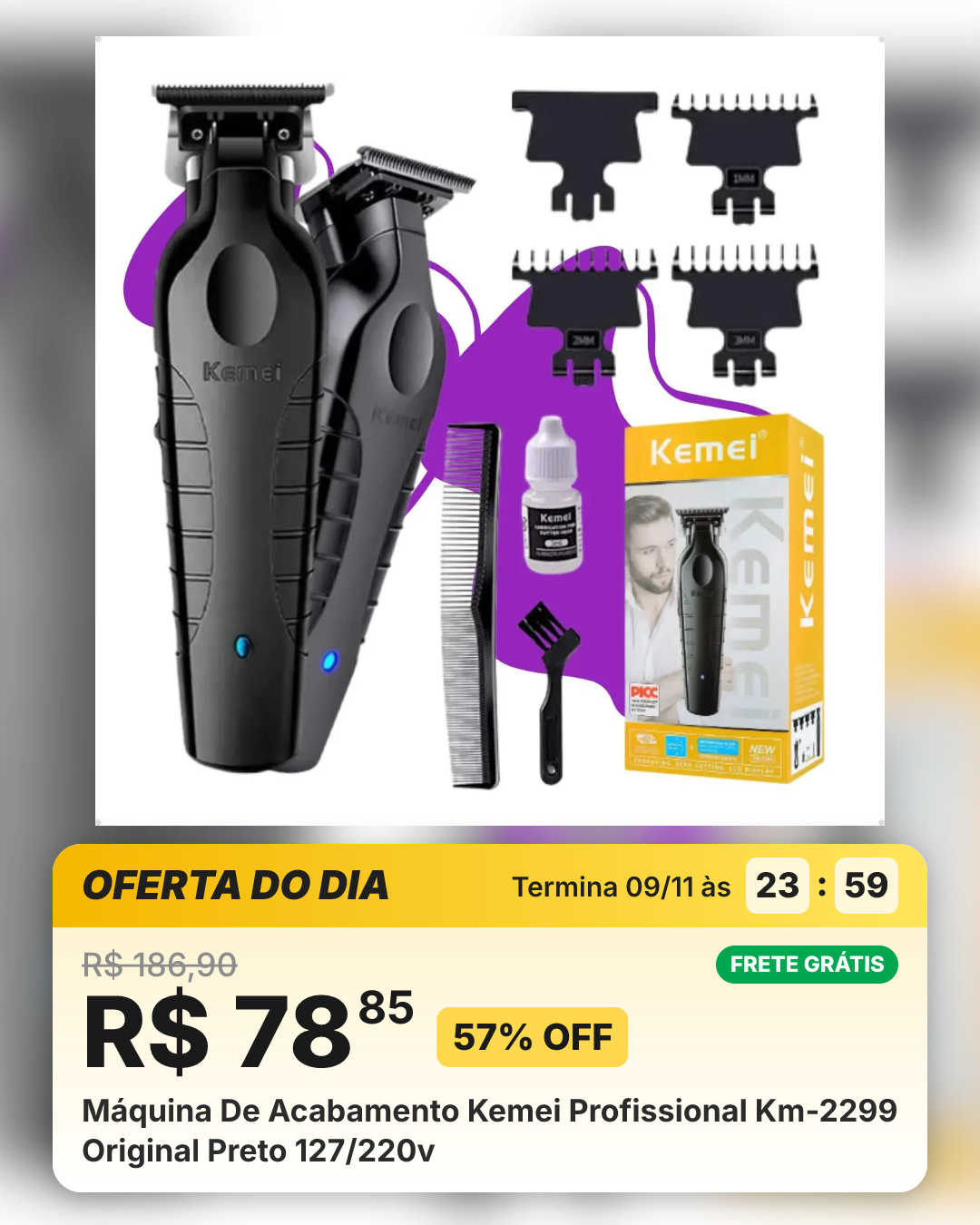 Máquina De Acabamento Kemei Profissional Km-2299 Original Preto 127/220v