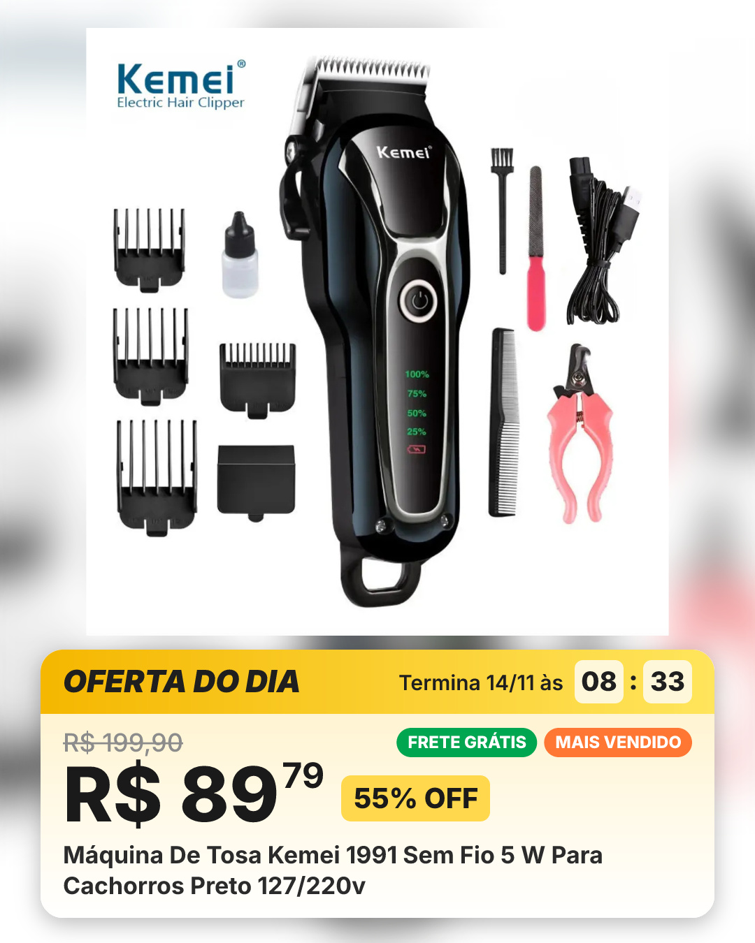 Máquina De Tosa Kemei 1991 Sem Fio 5 W Para Cachorros Preto 127/220v