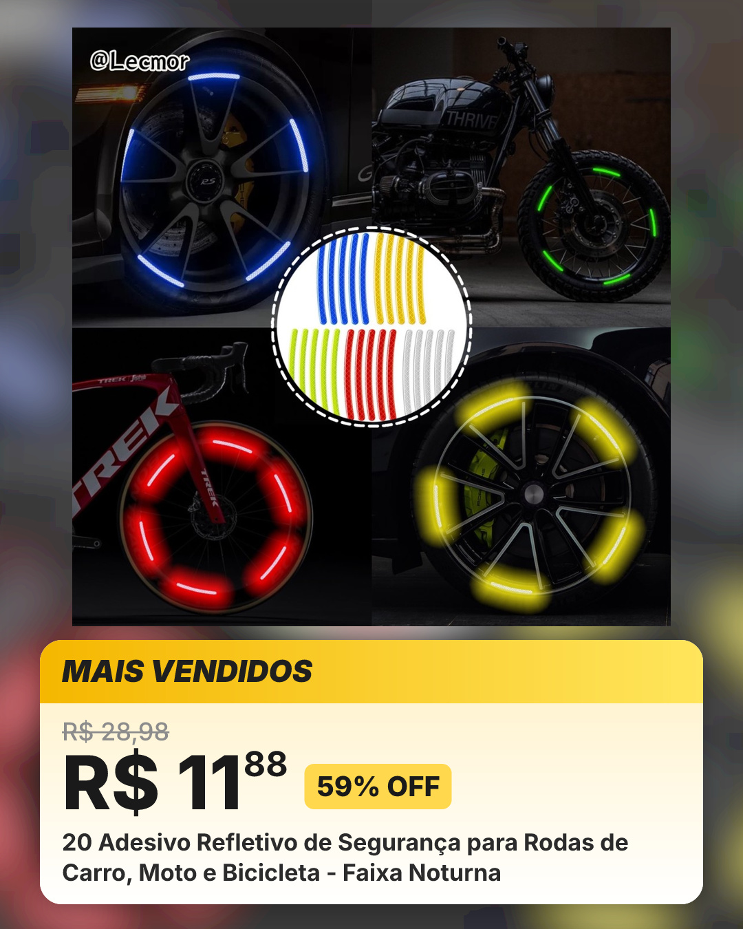 20 Adesivo Refletivo de Segurança para Rodas de Carro, Moto e Bicicleta - Faixa Noturna