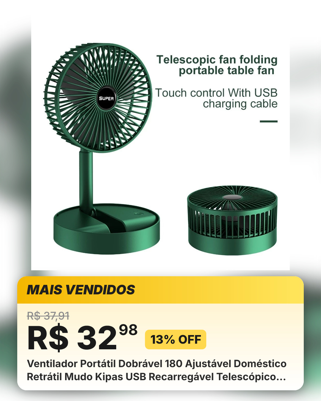 Ventilador Portátil Dobrável 180 Ajustável Doméstico Retrátil Mudo Kipas USB Recarregável Telescópico De Baixo Ruído Min