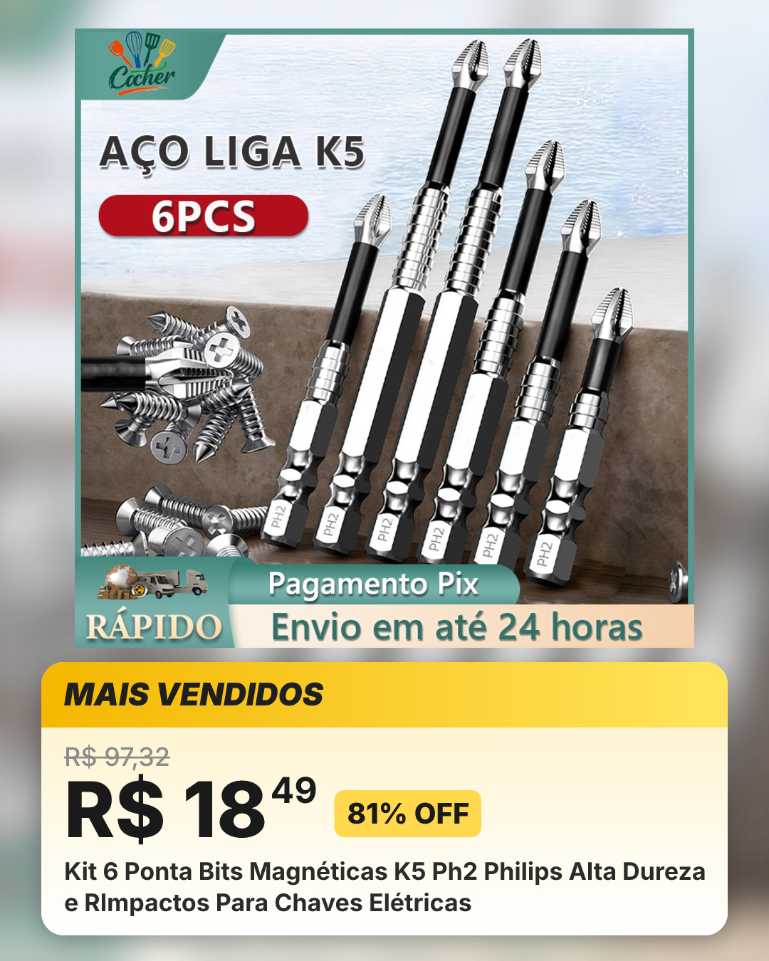 Kit 6 Ponta Bits Magnéticas K5 Ph2 Philips Alta Dureza e RImpactos Para Chaves Elétricas