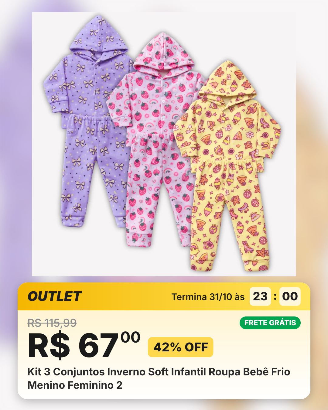 Kit 3 Conjuntos Inverno Soft Infantil Roupa Bebê Frio Menino Feminino 2