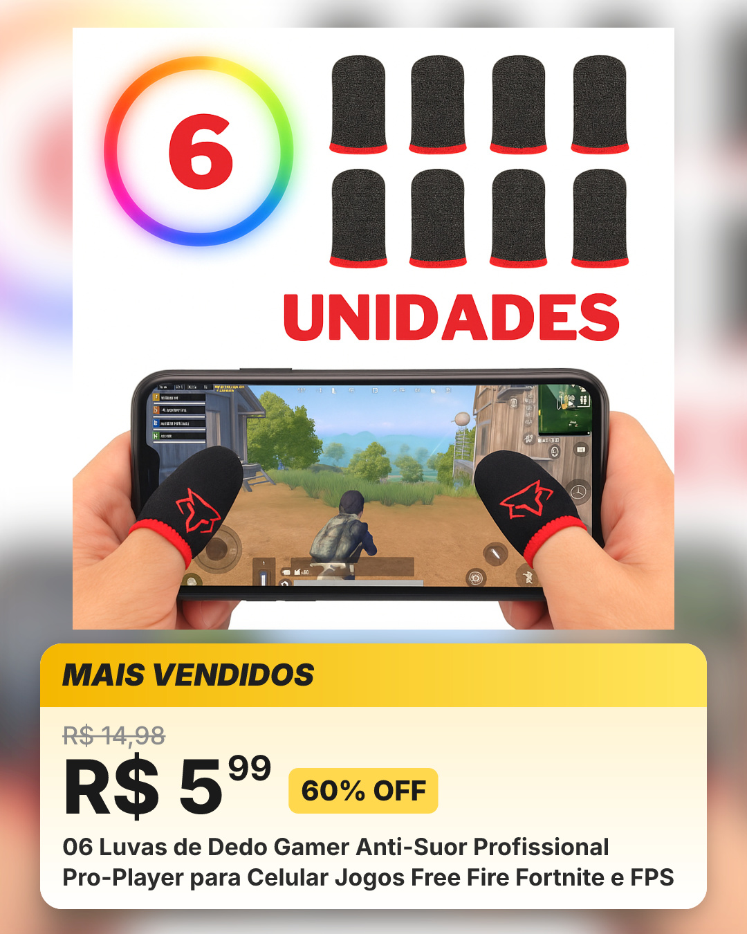 06 Luvas de Dedo Gamer Anti-Suor Profissional Pro-Player para Celular Jogos Free Fire Fortnite e FPS