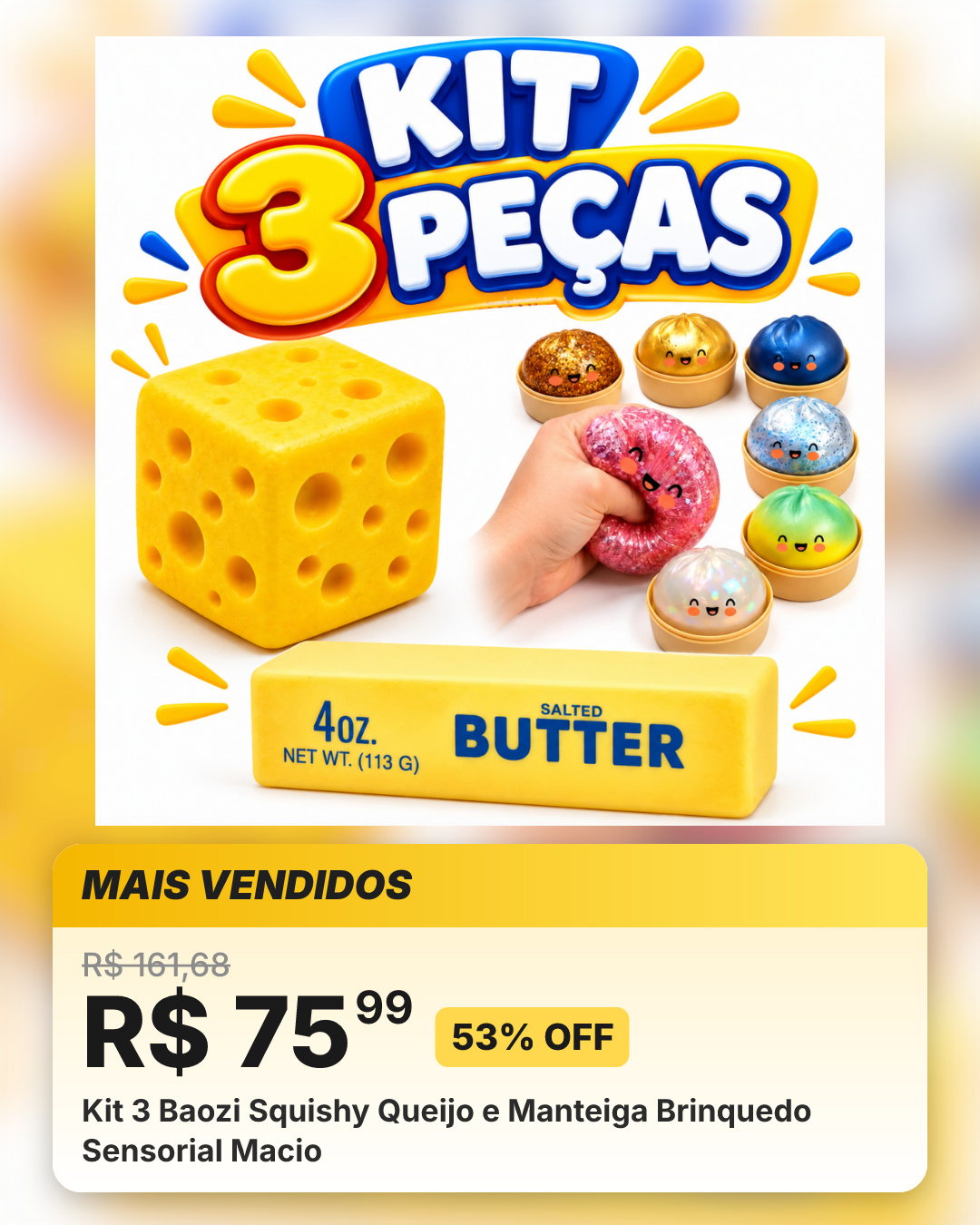Kit 3 Baozi Squishy Queijo e Manteiga Brinquedo Sensorial Macio
