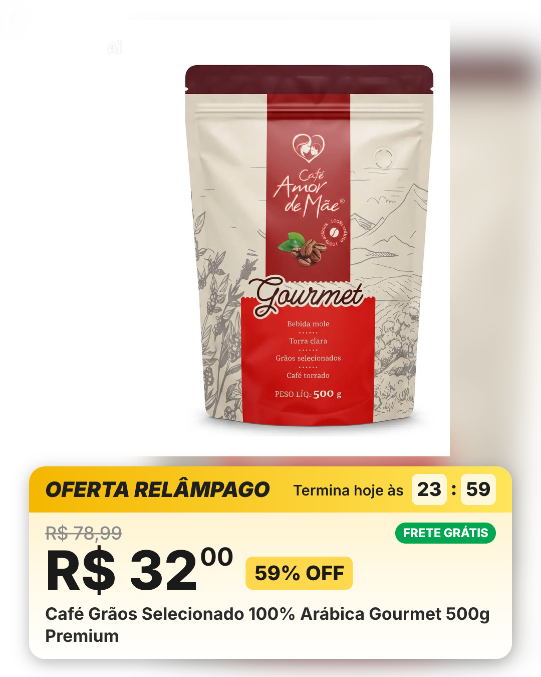 Café Grãos Selecionado 100% Arábica Gourmet 500g Premium
