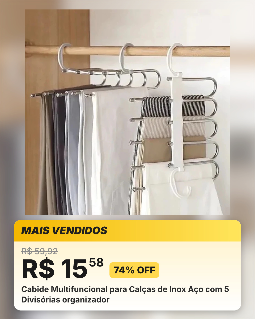 Cabide Multifuncional para Calças de Inox Aço com 5 Divisórias organizador