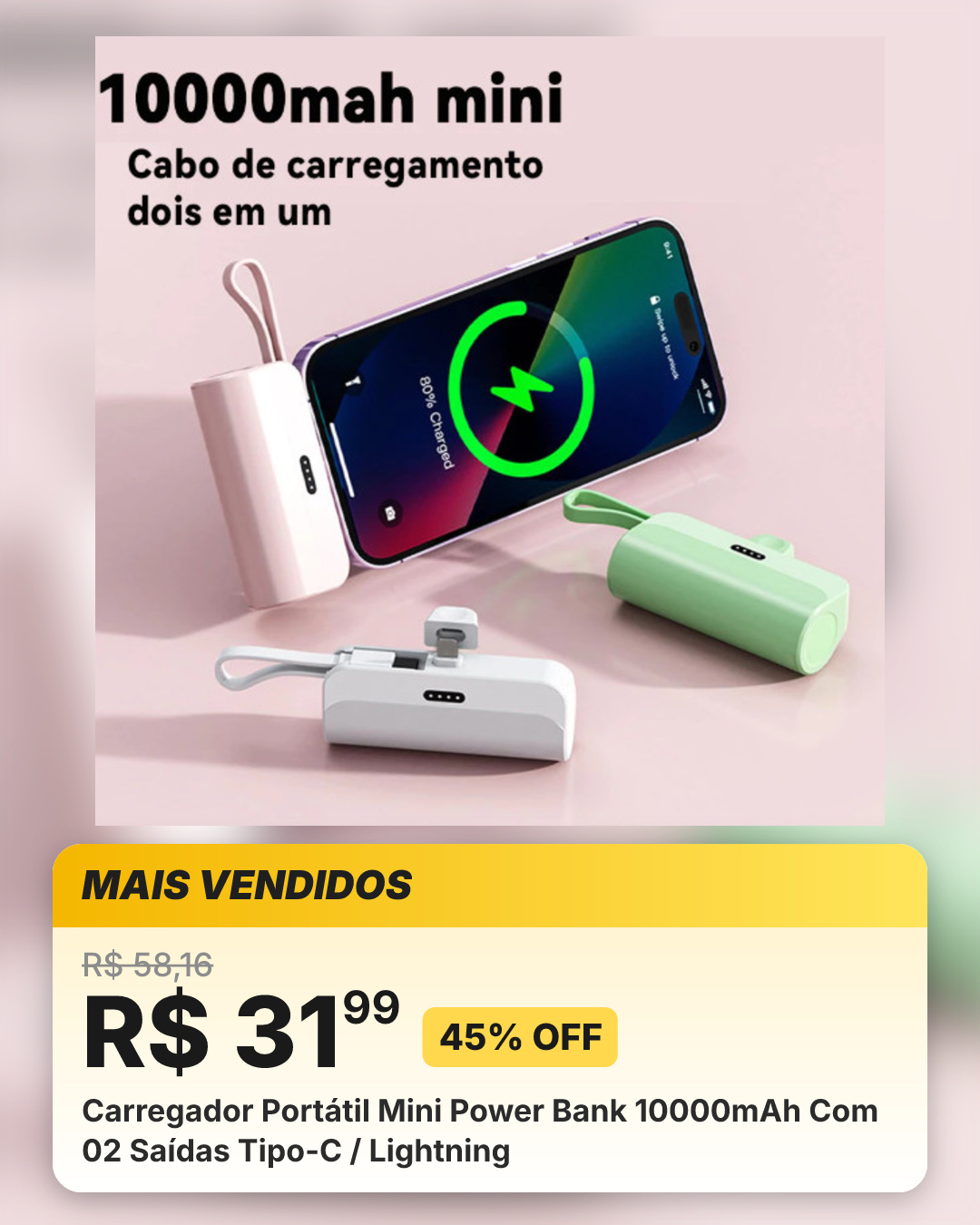 Carregador Portátil Mini Power Bank 10000mAh Com 02 Saídas Tipo-C / Lightning