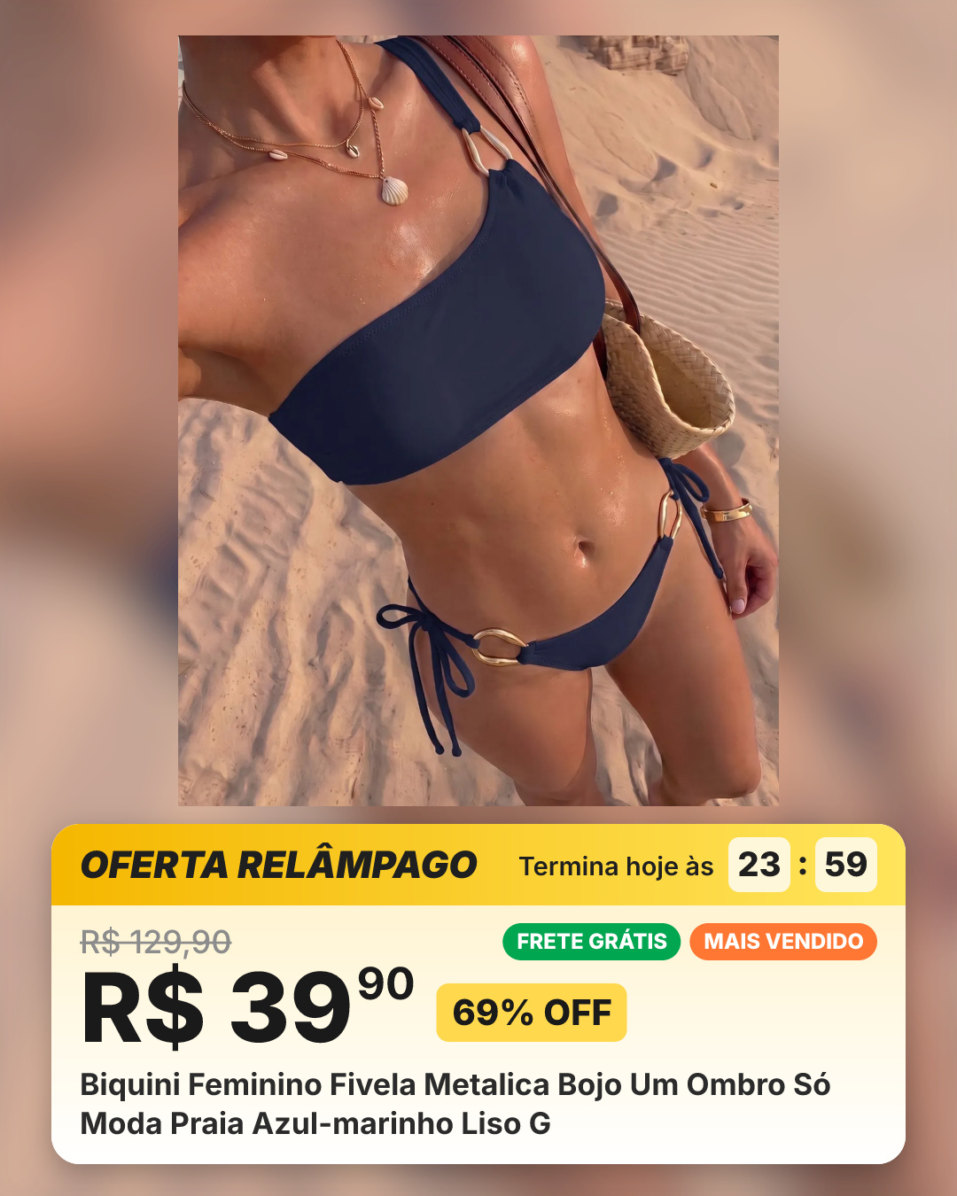 Biquini Feminino Fivela Metalica Bojo Um Ombro Só Moda Praia Azul-marinho Liso G
